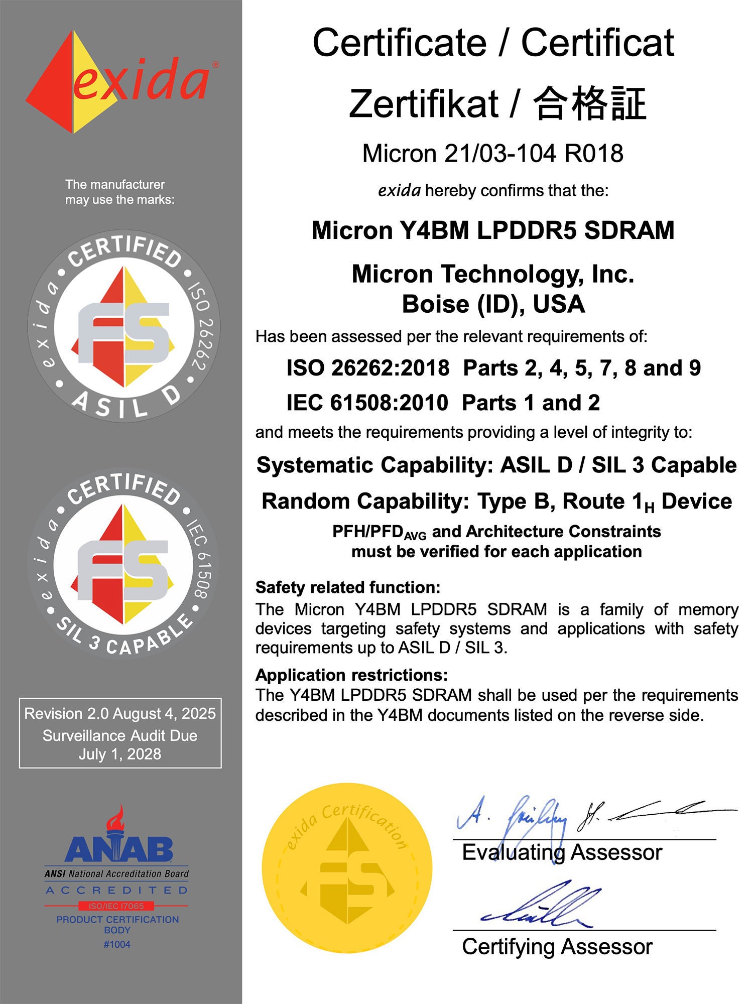 exida ISO and IEC Certificate for Micron Y4BM LPDDR5 SDRAM